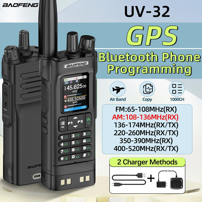 Baofeng UV32 GPS 10W Long Range Walkie Talkie bluetooth Phone APP Programming Multi-band Wireless Copy Frequency 1000CH 10 NOAA Type-C Two-way Radio