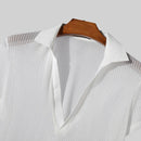 INCERUN Men Fashion Stripe Short Sleeve T-shirt Summer See-through V-neck Tee Solid Color Mens Top