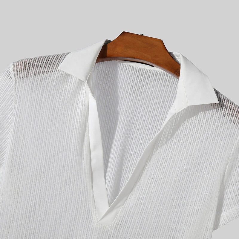 INCERUN Men Fashion Stripe Short Sleeve T-shirt Summer See-through V-neck Tee Solid Color Mens Top