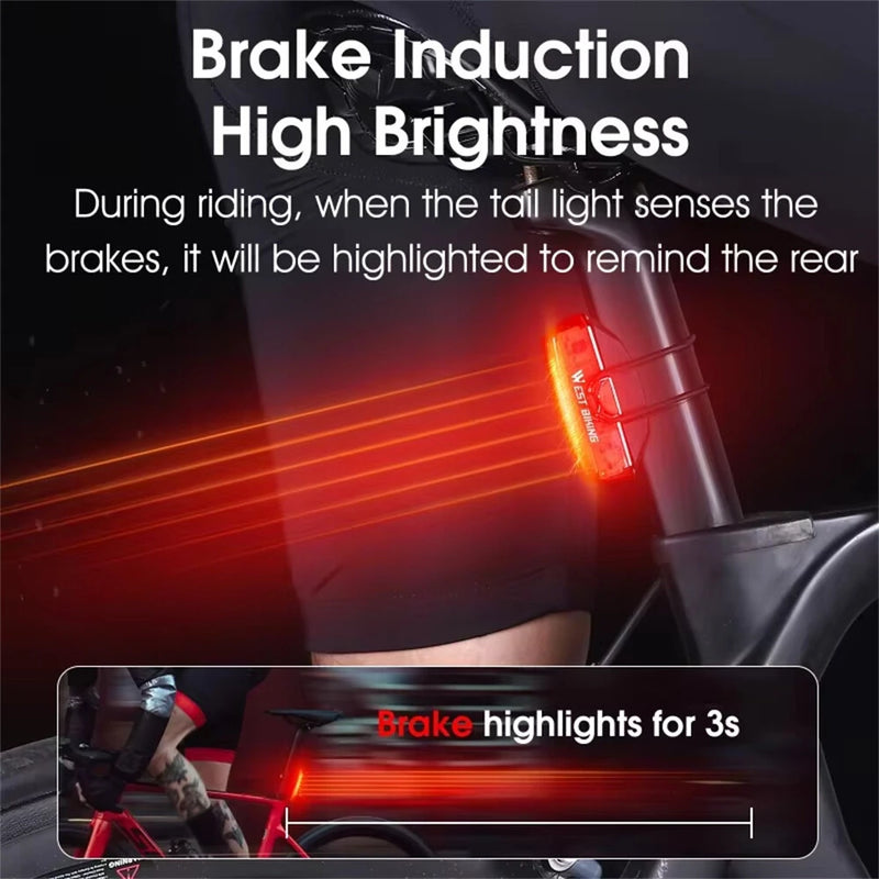 WEST BIKING 100LM Smart Brake Sensing Taillight Waterproof  USB Charging COB LED Bike Rear Light for Outdoor Road MTB Night Riding Safety