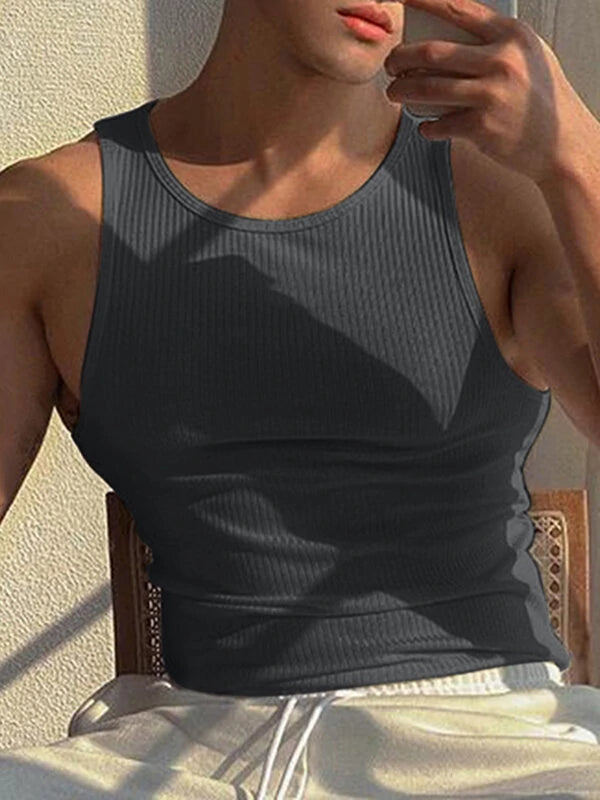 Mens Solid Crew Neck Rib-Knit Sleeveless Tank Top