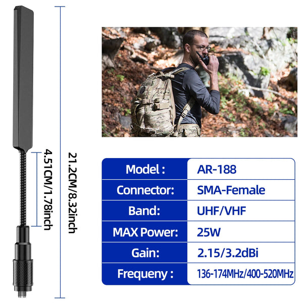 ABBREE AR-188 SMA-Female Tactical Antenna Dual Band 25W UHF/VHF 136-174MHz 400-520MHz High Gain Compatible With Baofeng Radios Enhanced Signal Reception