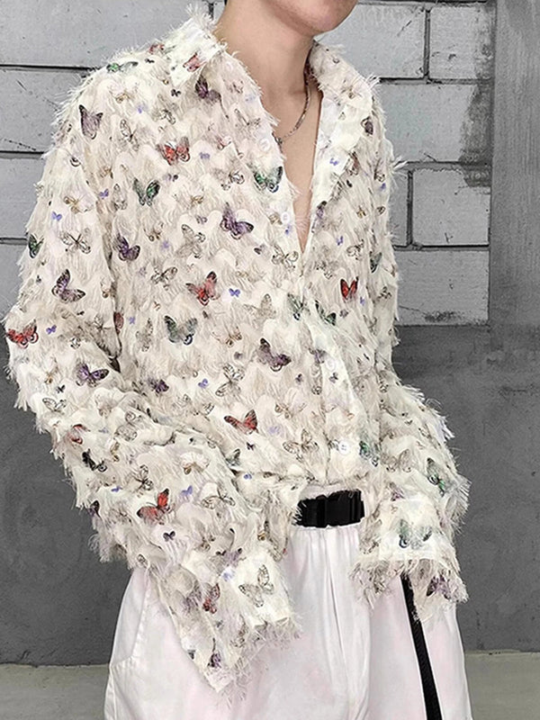 INCERUN Mens Shirt Butterflies Print Tassel Shirts Fashion Party Long Sleeve Lapel Top Summer Casual Male Clothing Shirts