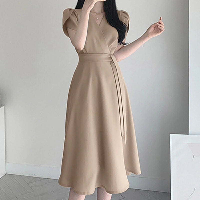 ZANZEA Womens Puff Sleeve V Neck Belted A Line Midi Dress Party Gown Long Dresses
