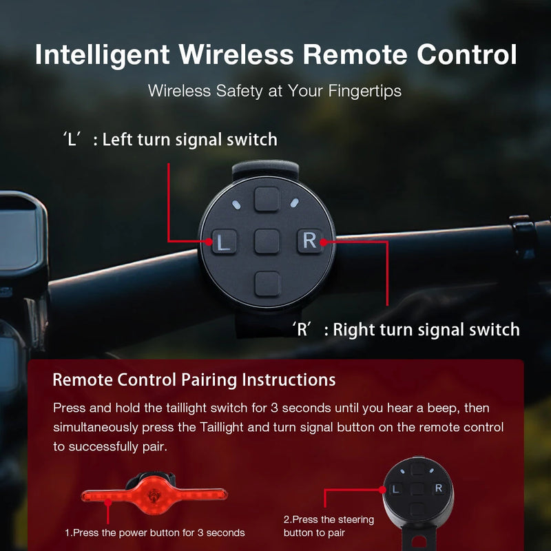 LAOTIE X8 Wireless Remote Bike Turn Taillight 400mAh Battery 7 Light Modes Type-C Rechargeable IPX5 Waterproof Smart Brake Sensing Loud Warning Bicycle Rear Light for Night Safe Cycling