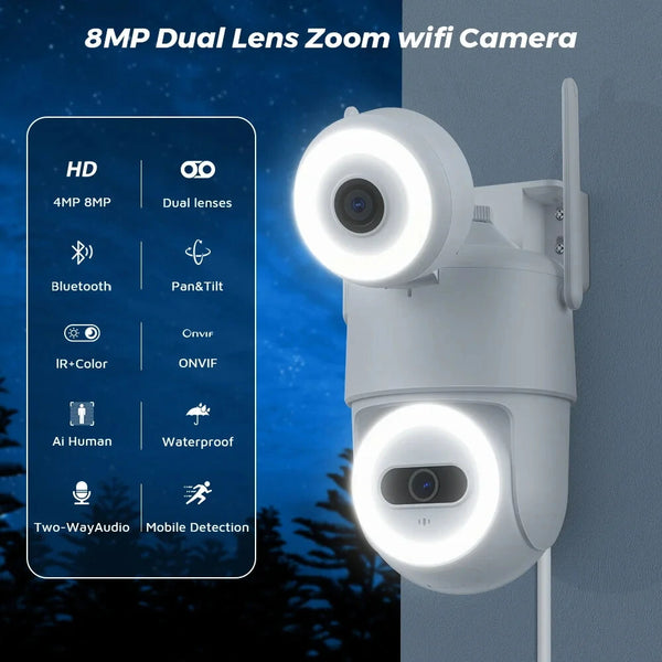 Guudgo 4K 4MP 8MP WiFi PTZ EU Camera Outdoors Dual Screen Human Detection Night Vision Two-way Audio IP66 Waterproof Support bluetooth/Wired CCTV Video Surveillance Camera