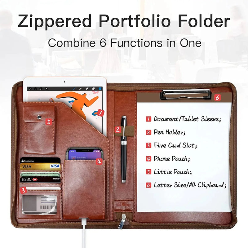 A4 File Folder Multifunctional Document Business Stationery Leather Conference Contract Folders Zippered Organizer Card Holder