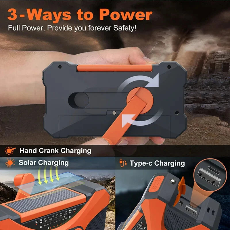 10000mAh Emergency Flashlight Torch Power Bank Solar Radio with Flashlight Aste Solar Hand Crank USB AM FM NOAA Weather Radios Home Outdoor Emergency Equipment