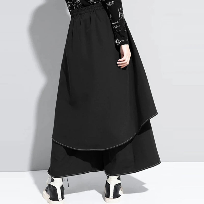 INCERUN Mens Topstitching Irregular Layered Design Black Pants Skirt Design Hemmed Trousers