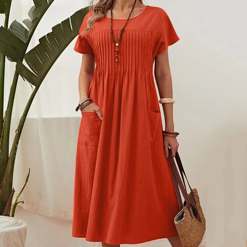 ZANZEA Women Short Sleeve Pleated Party Long Dress Casual Loose Sundress Maxi Dress with Pockets