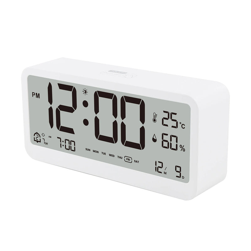 LCD Smart Digital Alarm Clock with Large Display Thermometer Hygrometer Anti-Slip Bottom with Night Light Battery Operated Safe Rounded Corners Design for Home Office Bedroom