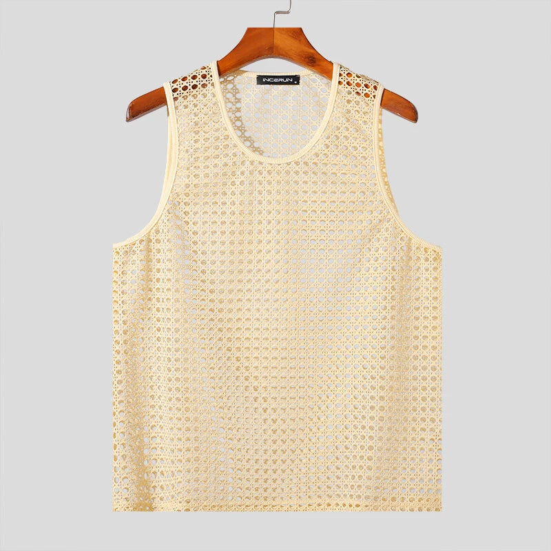INCERUN Mens Beach Style Mesh Sleeveless Tank Comftable Fabric Tank Top for Men