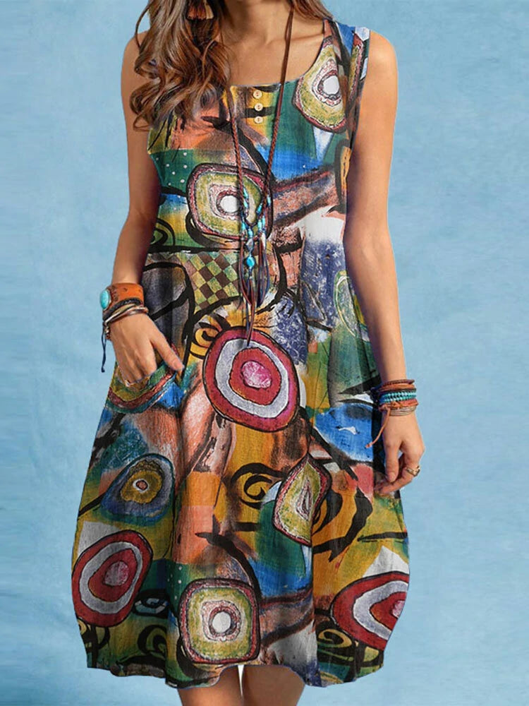 ZANZEA Women Plus Size Abstract Painted Button Pocket Sleeveless Casual Beach Midi Dress