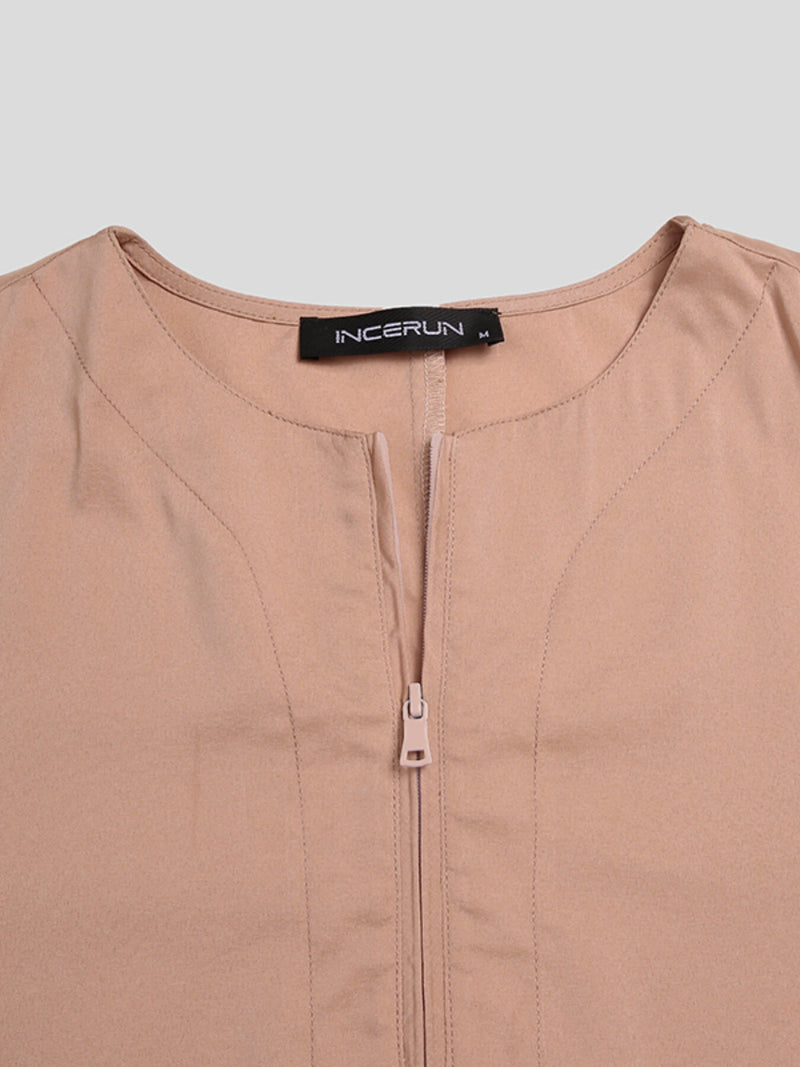 Men Solid  Front Zipper Round Neck Short Sleeve Casual Robe Shirts