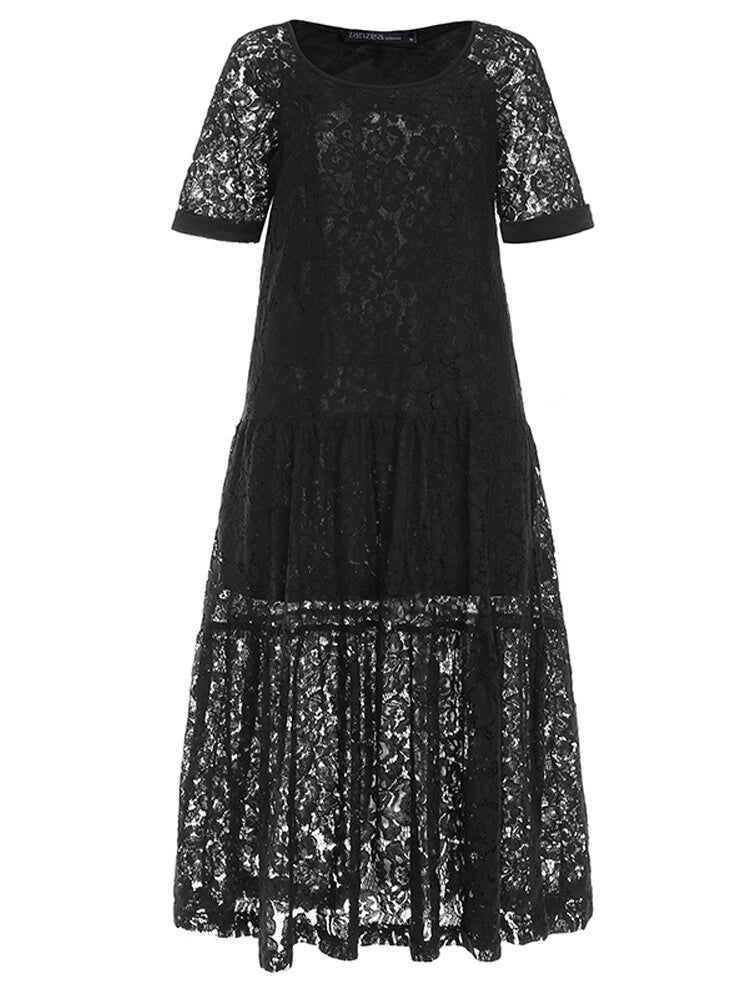 ZANZEA Plus Size Women Lace Long Dress Cold Shoulder Long Lace Croceht Hollow Out Bohemian Maxi Dress For Women
