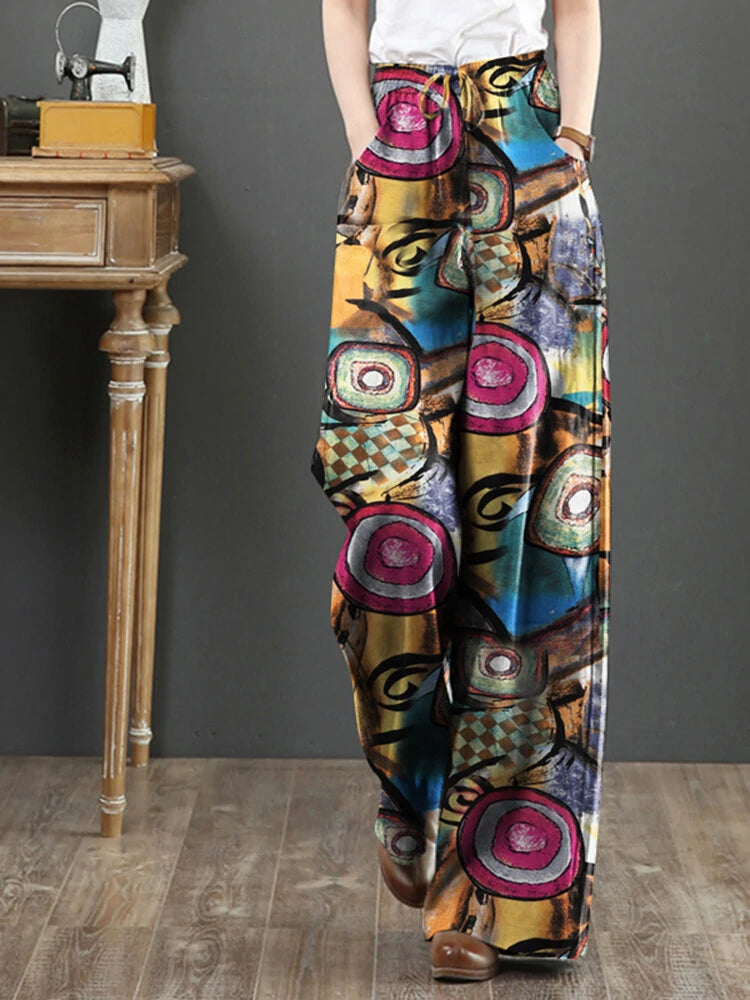 ZANZEA Women Plus Size  Flared Wide-Leg Floral Printed Retro Side Pockets Pants