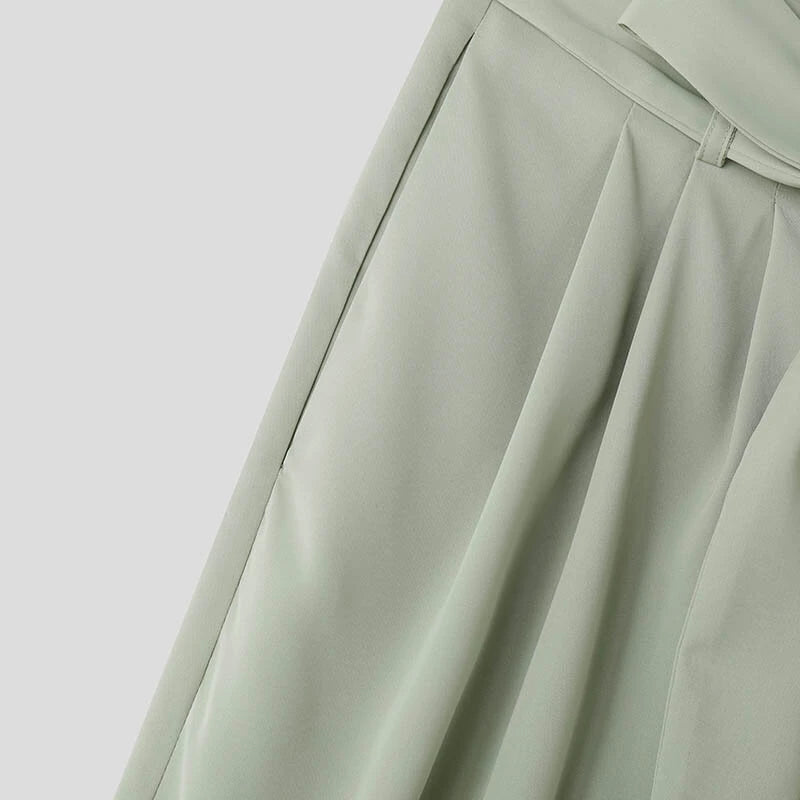 INCERUN Men Side Lace Up Solid Color Pants Button Zipper Wide Legged Trousers Loose Fit Casual Daily Men Pants Plus Size S-5XL