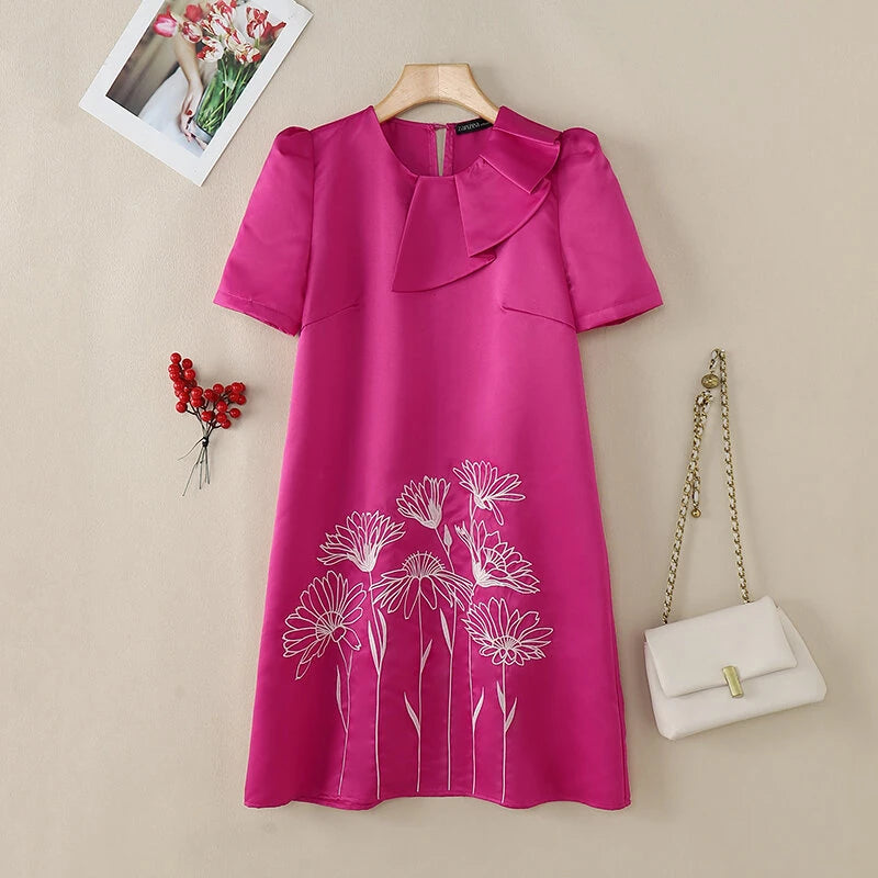 ZANZEA Womens Elegant Floral Embroidery Satin Dress Party Puff Sleeve Ruffles Knee Length Dresses