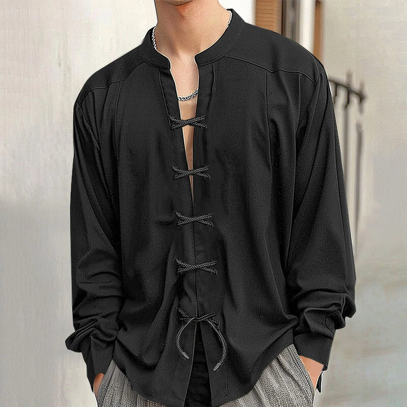 INCERUN Mens V Neck Long Sleeve Shirt Fashion Solid Color Lace Up Top Shirt for Male