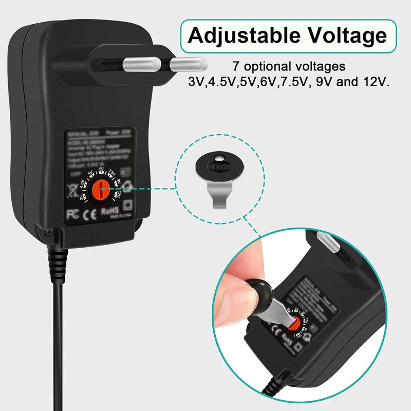 Universal Power Supply 30W AC to DC Adapter 3V-12V 2A with 5V 2.1A USB Port 8 DC Plugs EU/US Plug for LED Strip CCTV Router TV Box