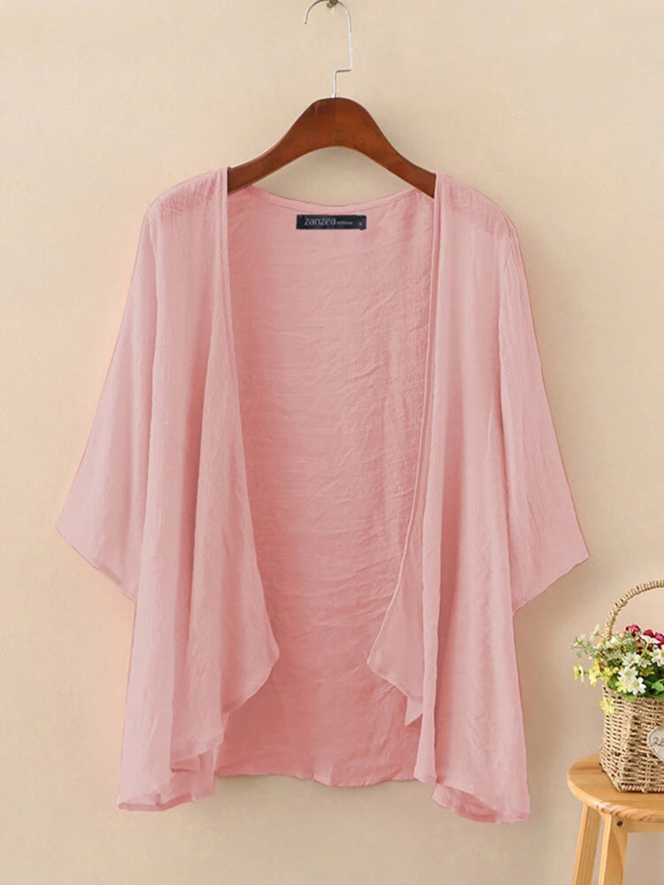 ZANZEA Plus Size Womens Cardigans Solid Color Cape Summer Beach Sunscreen Linen Cardigan