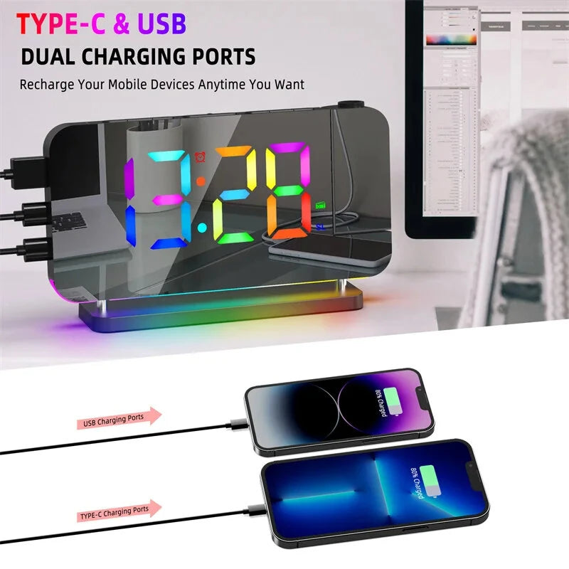 180  Rotation RGB Colorful Night Light Radio Projection Clock Projection Digital Alarm Clock With Night Light 2 USB Output Port 12H/24H FM Radio Time Projector LED Clock