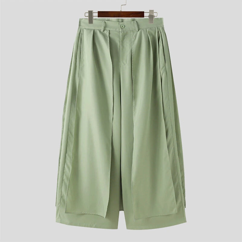 INCERUN Men Trendy Layered Skirt Pants Loose Fit Casual Comfortable Wide Leg Trousers with Side Pockets Plus Size