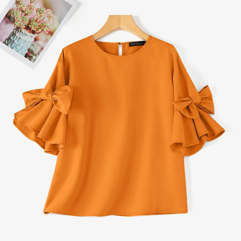 ZANZEA Elegant Style Womens Shirts Blouses Ladylike Crew Neck Ruffled Sleeves Tops Side Bowknot Solid Blouses