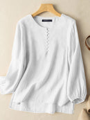 Solid Slit High-low Hem Crew Neck Long Sleeve Blouse