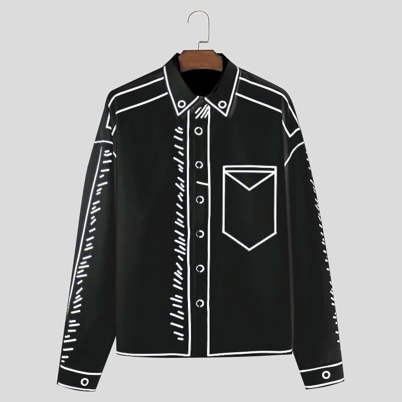 INCERUN Mens Comic Style Print Long Sleeve Shirt Fashion Funny Line Lapel Top for Male