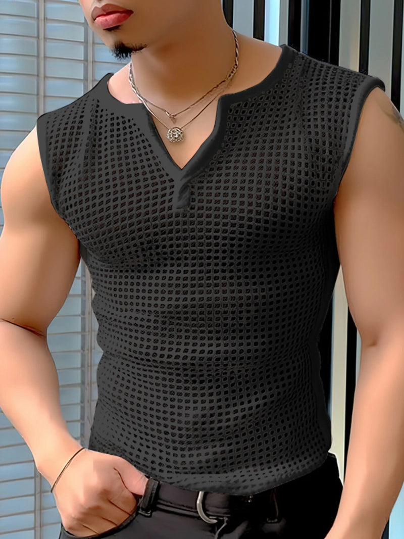 INCERUN Mens Tank Top Fashion V-neck Hollow Out Mesh Fabric Men Tops Clothing