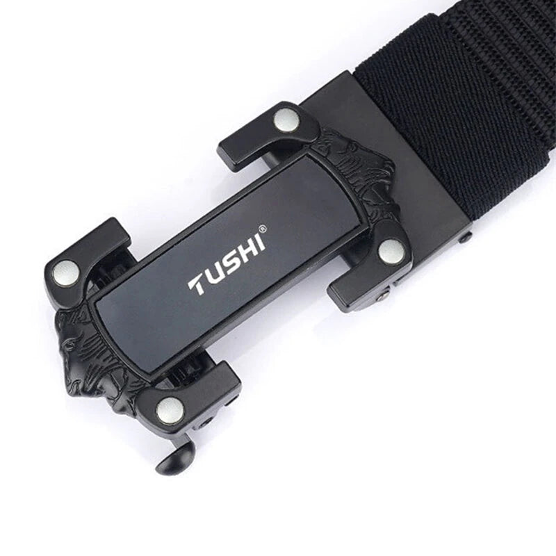 TUSHI Strong Metal Automatic Buckle Black Belt Wear-resistant Tough 125cm Nylon Belts For Men Breathable Canvas Designer Belt Training