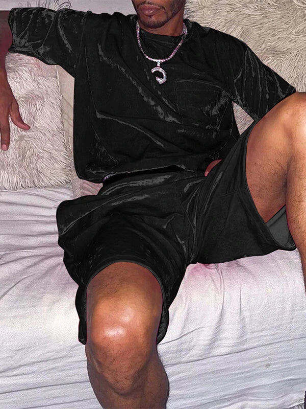 Men Velvet Pocket Jogger Shorts & T-Shirt 2 Piece Set