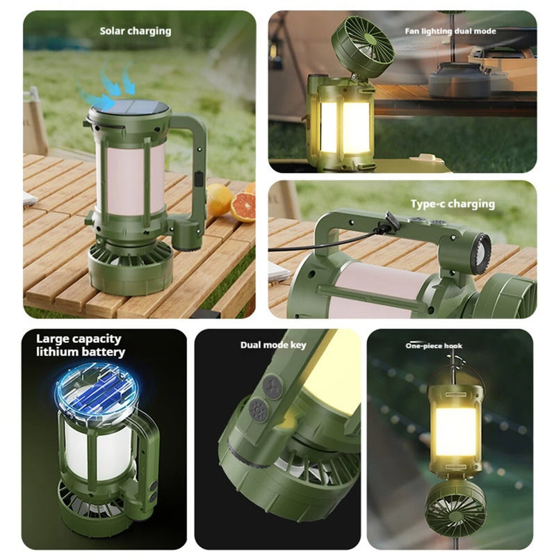 IPRee All-in One Portable Solar Powered Handheld Flashlight Mini Fan Camping Lantern Type-C Charging Built In Battery Travel Camping Tent Light LED Torch