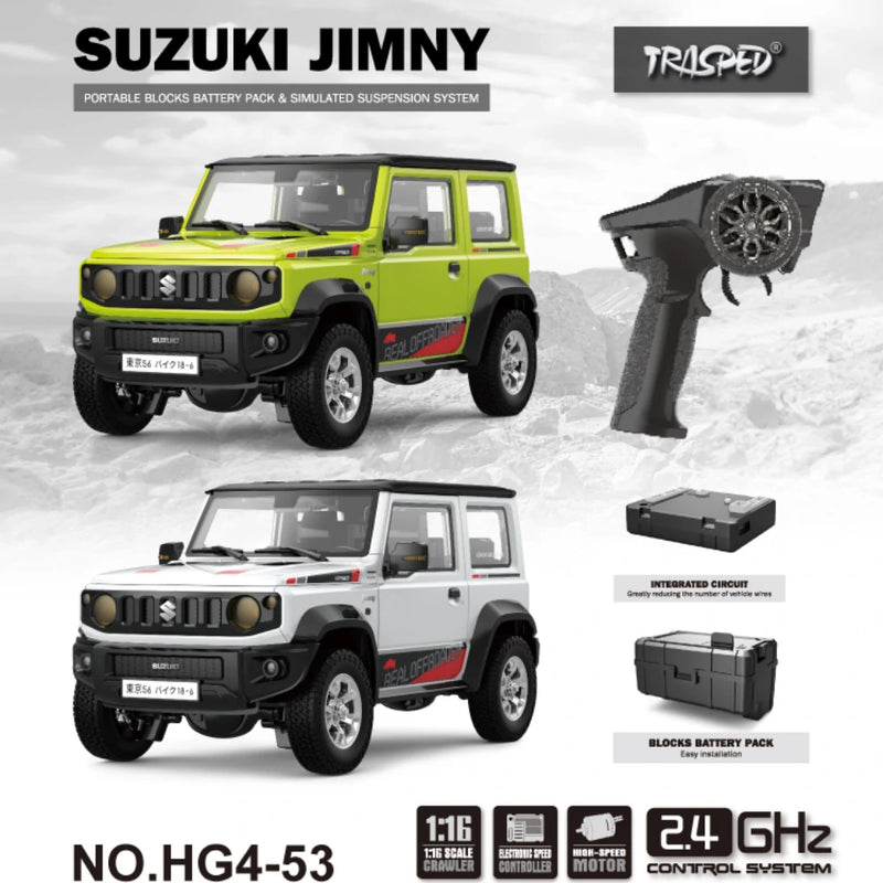 HG HG4-53 TRASPED 1/16 2.4G 3WD RC Car for SUZUKI JIMNY Rock Crawler LED Light Simulated Sound Off-Road Climbing Truck RTR Full Proportional Models Toys