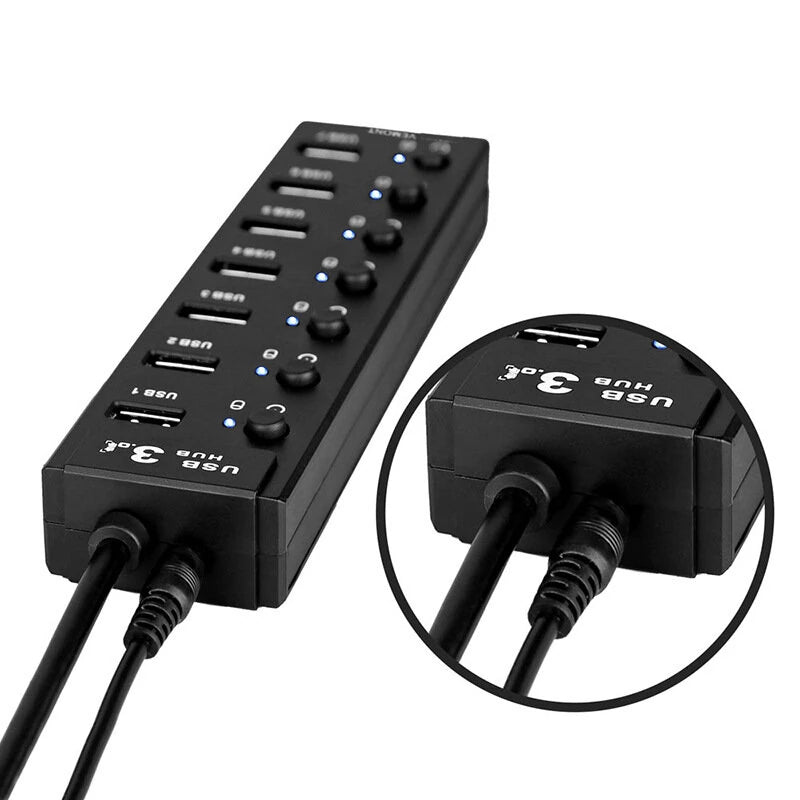 7-in-1 USB 3.0 Hub Docking Station USB Adapter with USB3.0*7 Multiports Splitter Adapter with Independent Switch for Phone Laptop Tablet Computer Keyboard Mouse