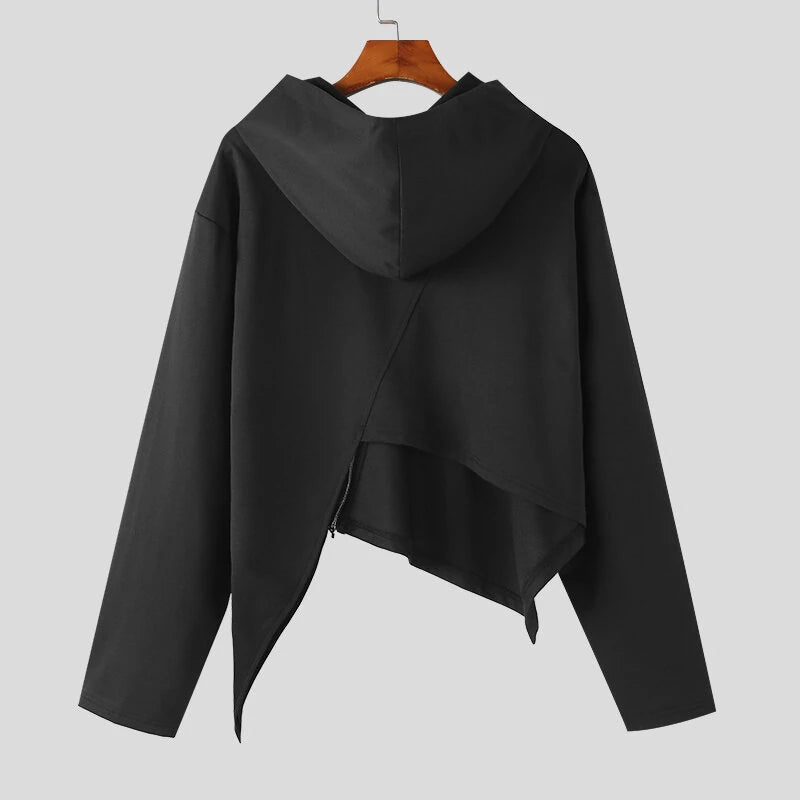 INCERUN Men Hooded Sweatshirts Trendy Asymmetric Zip Long Sleeve Hoodie with Irregular Hem for Fashion-forward Males Clothing