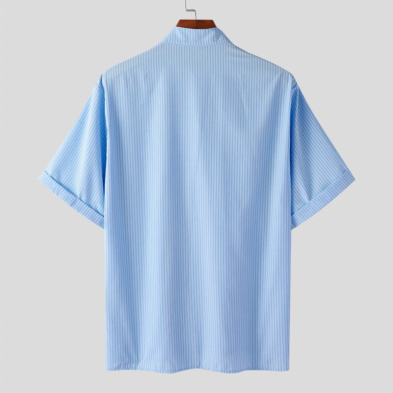 INCERUN Mens Shirt Striped Stand Collar Short Sleeve Top Shirts Summer Daily Casual Male Clothing Solid Color Shirts