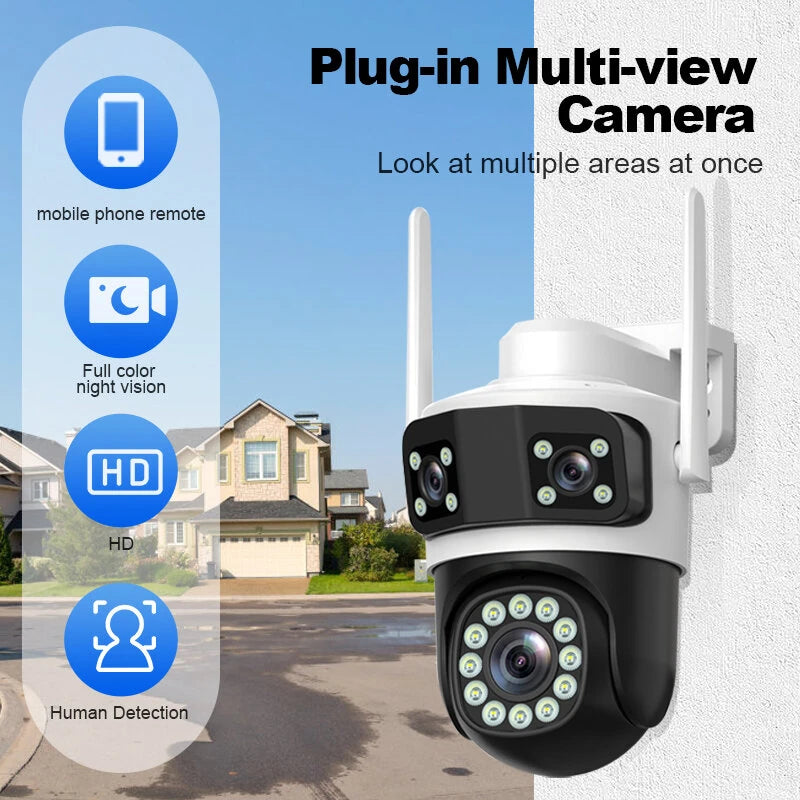 Guudgo 6MP Ultra HD WIFI IP Camera Triple Lens Full Color Night Vision Waterproof 355 Pan Tilt Two Way Audio Mobile App Control Outdoor Security Camera