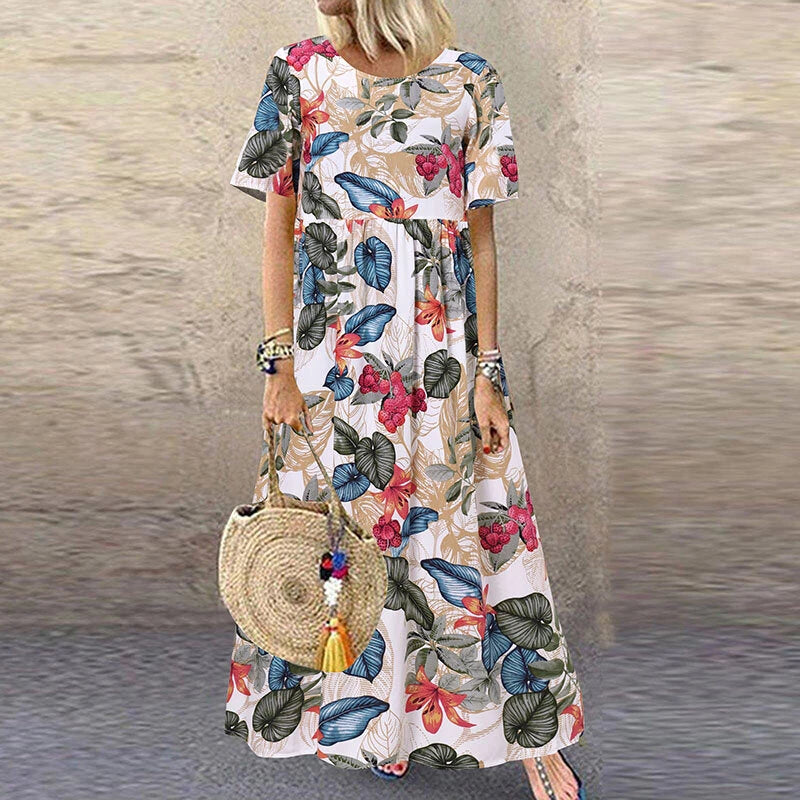 ZANZEA Womens Summer Short Sleeve Printed Swing Long Maxi Dress Holiday Beach Sundress