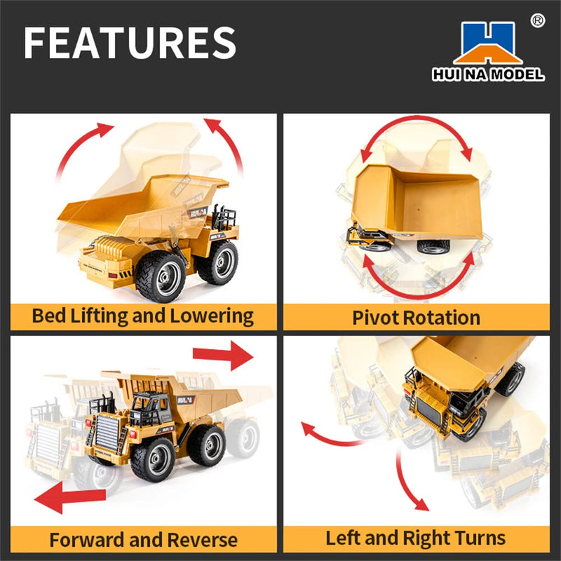 Huina Toys RTR 1534 1/18 2.4G 9CH RC Car Dump Truck Alloy Bucket Cabin LED Light Engineering Remote Control Simulation Construction Vehicles Models Children Kids Gifts