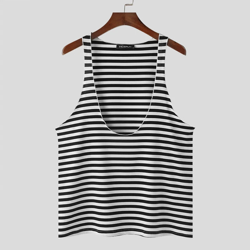 INCERUN Mens Striped U-Neck Sleeveless Casual Vest Simple Gym Sports Tank Top