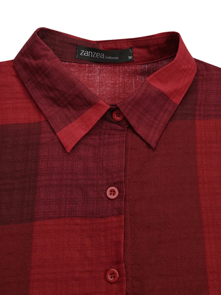 Women Casual Plaid Lapel Long Sleeve Button Vintage Shirt Maxi Dresses With Pocket