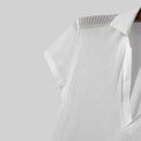 INCERUN Men Fashion Stripe Short Sleeve T-shirt Summer See-through V-neck Tee Solid Color Mens Top