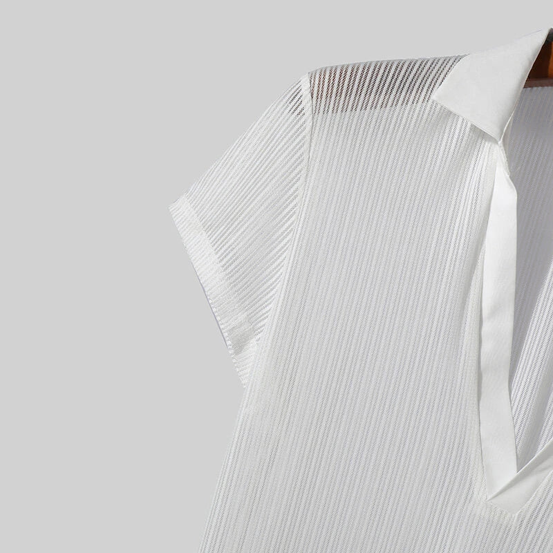 INCERUN Men Fashion Stripe Short Sleeve T-shirt Summer See-through V-neck Tee Solid Color Mens Top