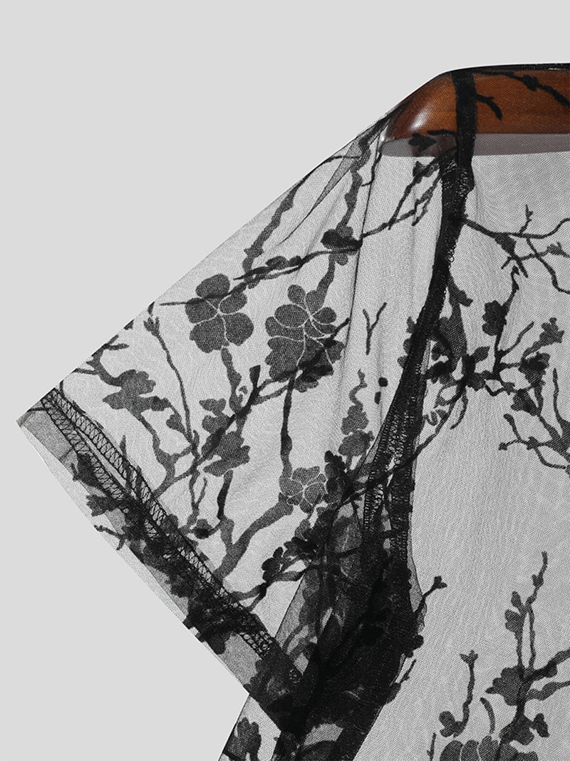 INCERUN Men T-shirts Fashion See-through Embroidered Flowers Mesh T-shirt Summer Mens Top Short Sleeve Streetwear Men Clothing