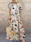 Vintage Floral Print Short Sleeve Loose Casual Maxi Dress