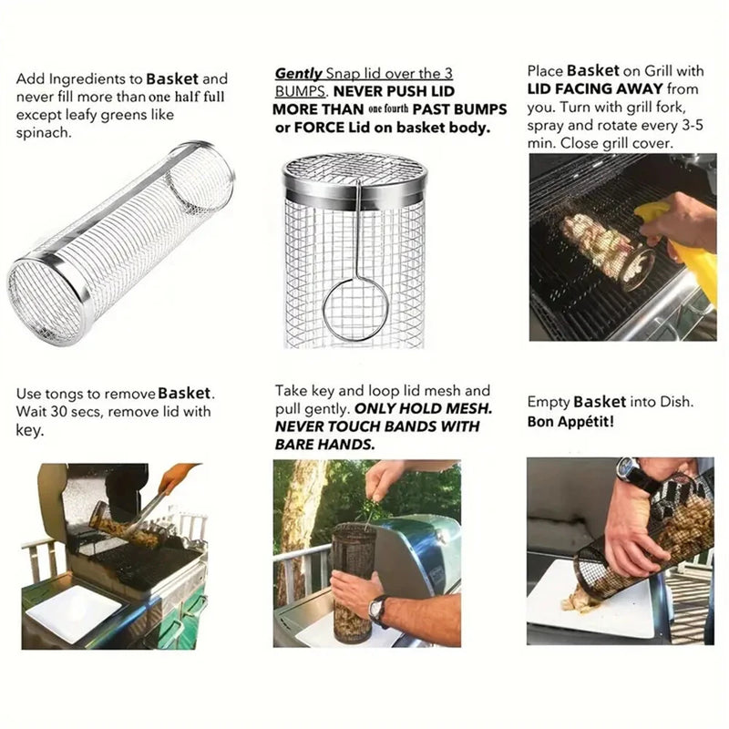 IPRee Round BBQ Basket Stainless Steel Rolling Grilling Basket Wire Mesh Cylinder Grill Basket Portable Outdoor Camping Barbecue Rack