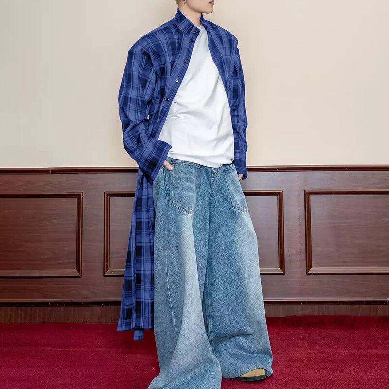 INCERUN Mens Plaid Patchwork Long Sleeve Shirt Fashion Classic Checkered Lace Up Strap Long Shirt for Men