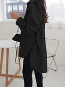 Women Lape High Low Split Tie Hem Irregular Hem Long Sleeve Shirts